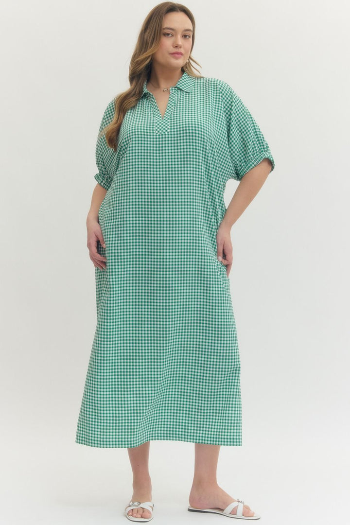 women's plus size entro green gingham maxi dress