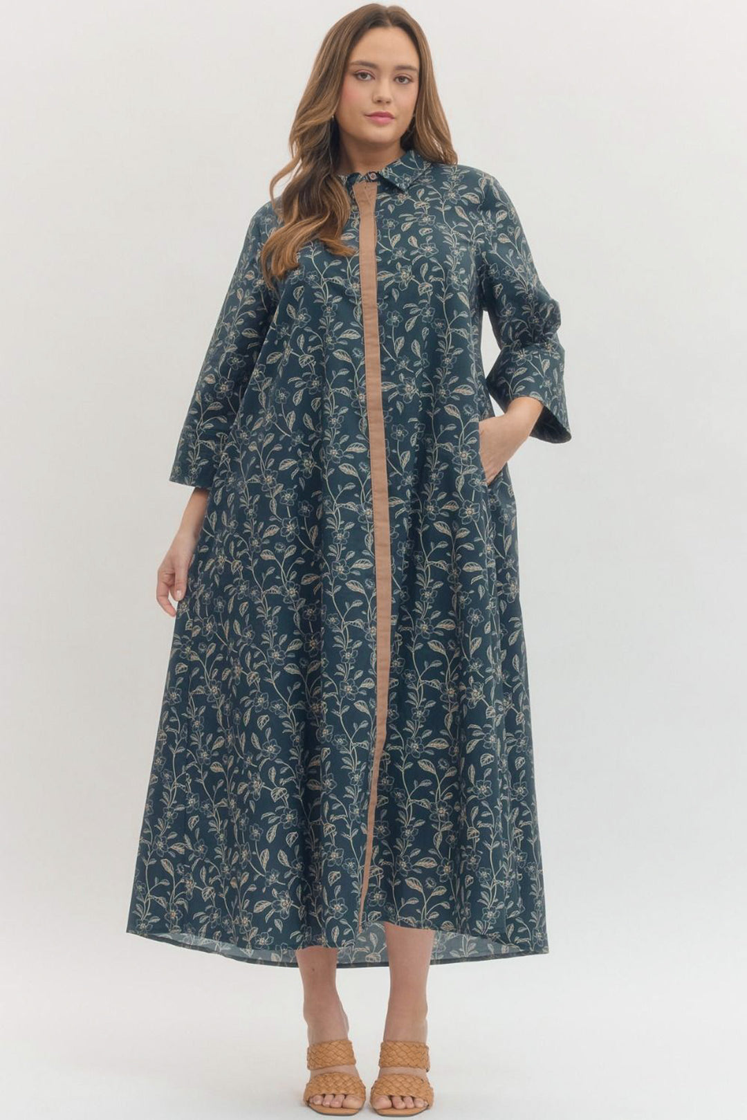 entro oversized flowy brown blue floral maxi dress plus sizes