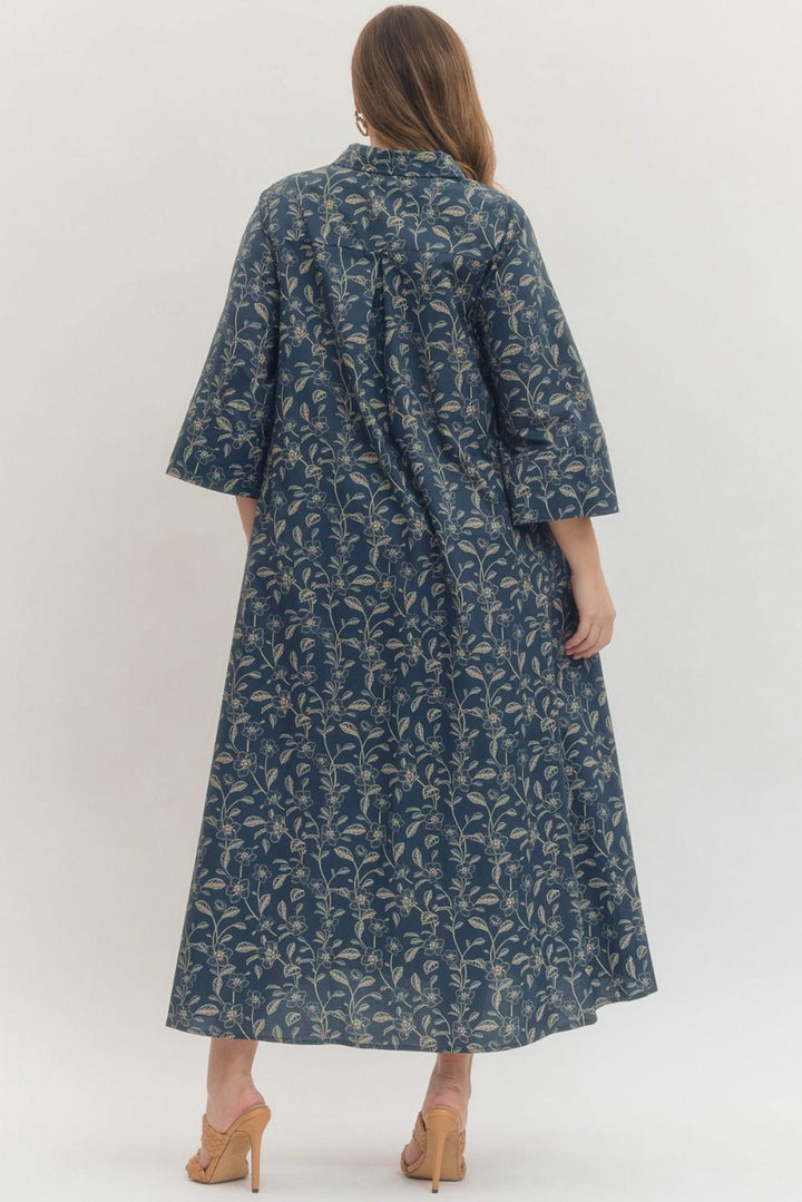 entro oversized flowy brown blue floral maxi dress plus back