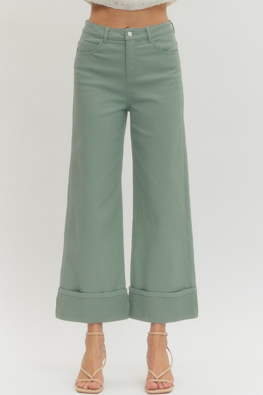 Entro sage green twill denim pants front
