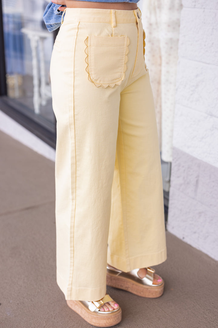 Entro scalloped hem butter yellow twill denim pants high rise