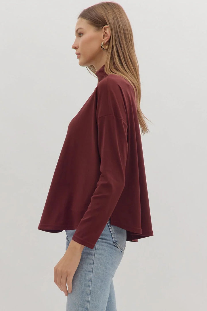 entro solid burgundy mock neck layering tee side