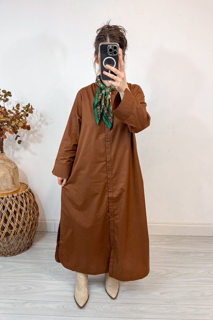 entro solid brown button up dress holding