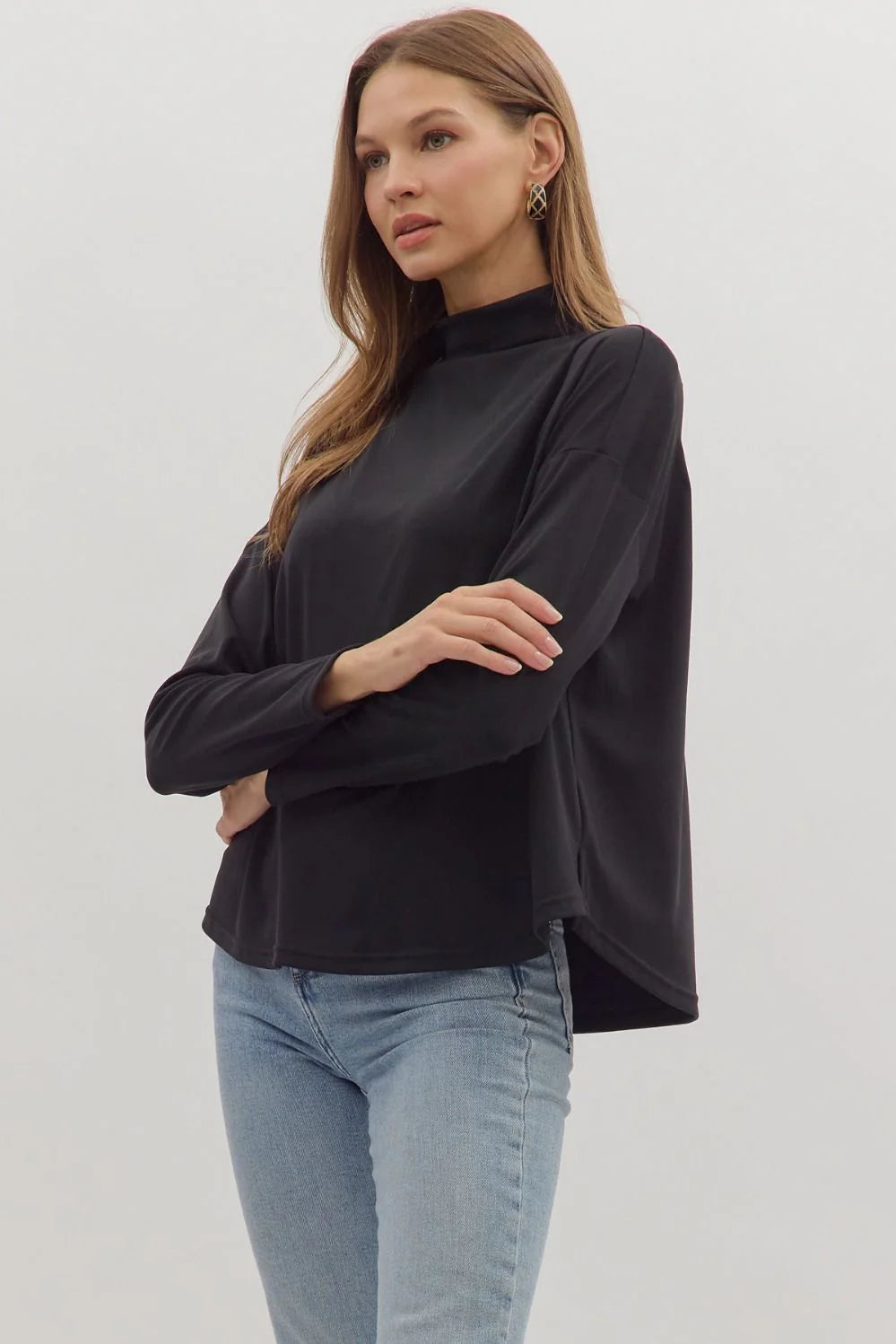 entro solid black mock neck layering tee side