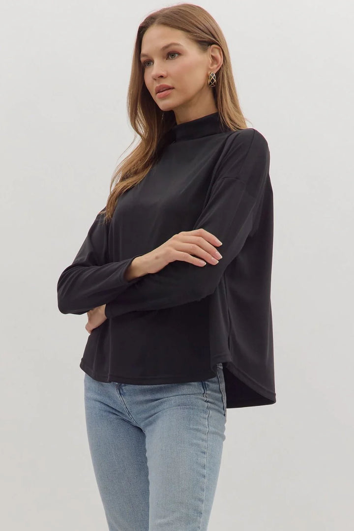 entro solid black mock neck layering tee side