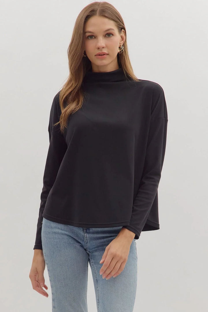 entro solid black mock neck layering tee full