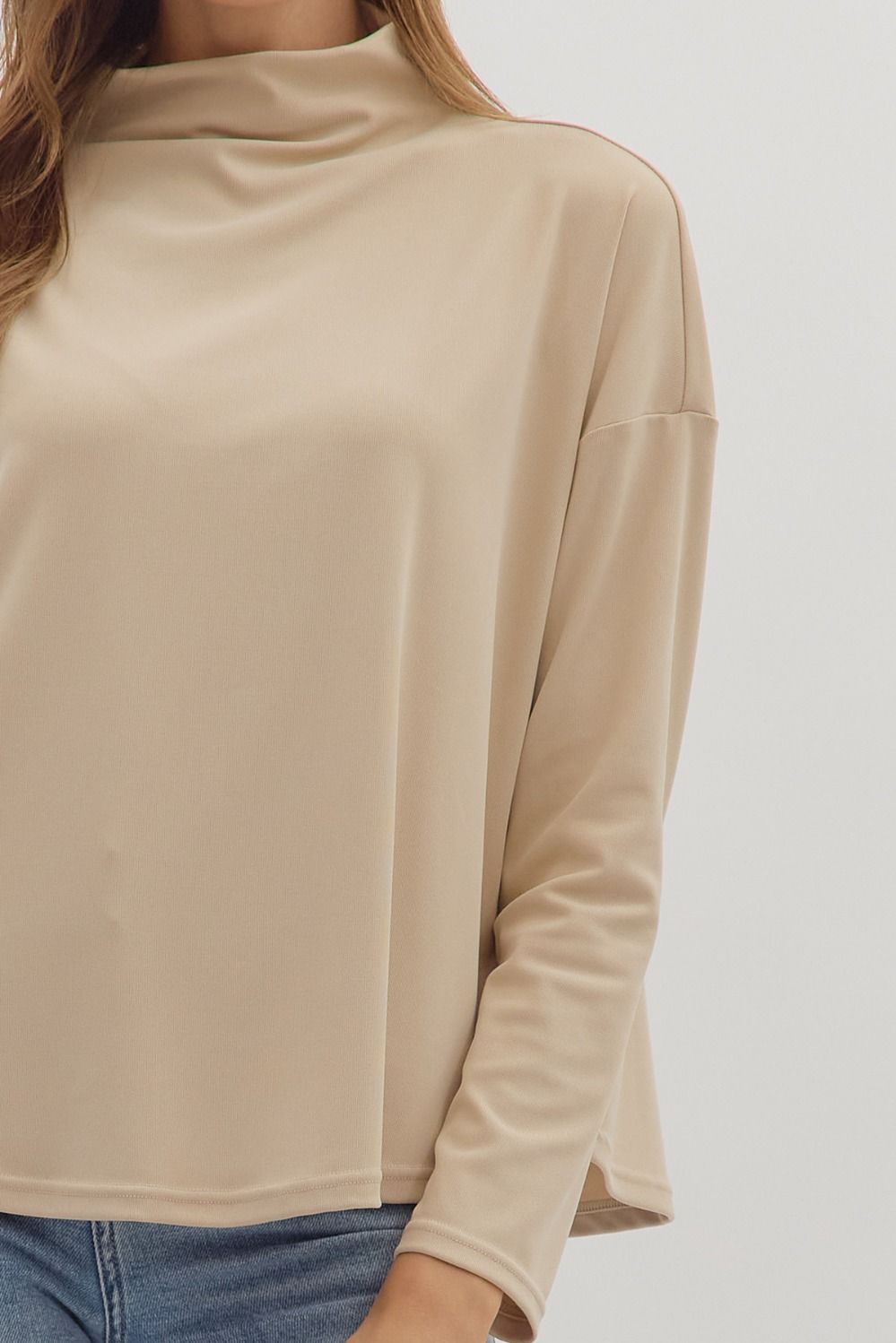 entro solid layering natural beige long sleeve mock neck top details