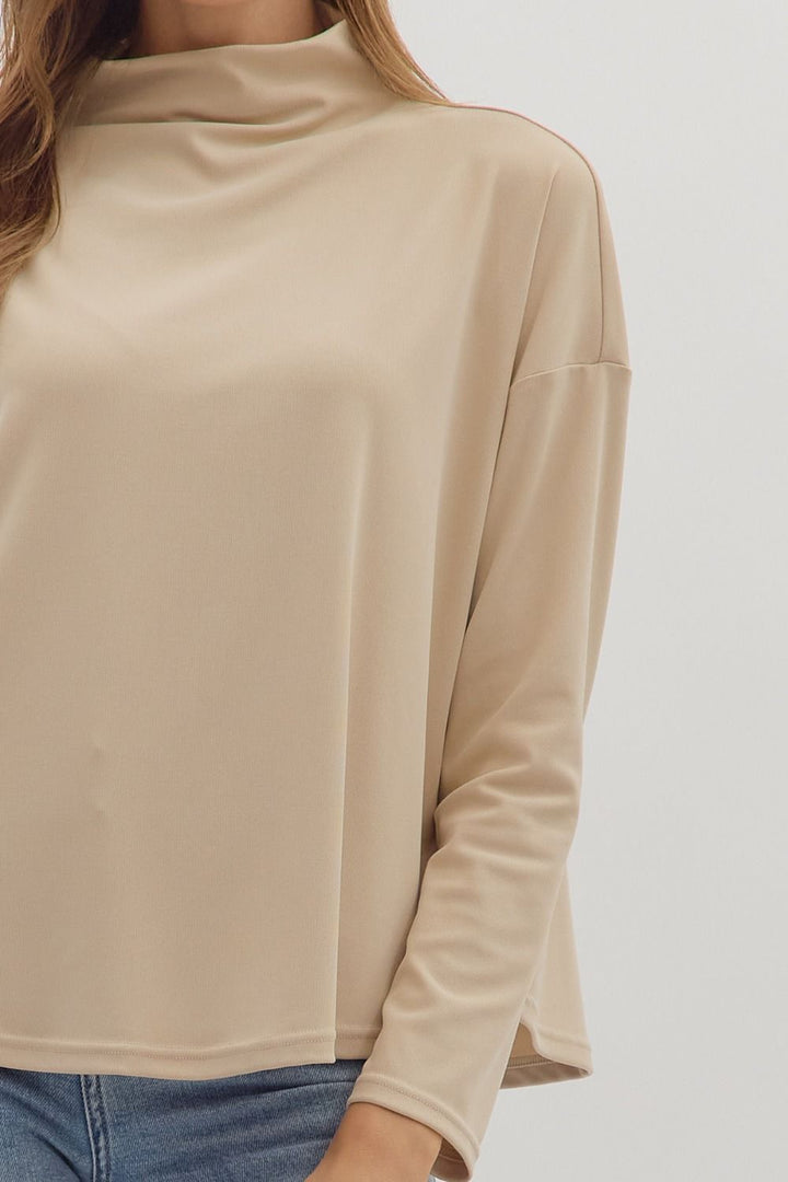 entro solid layering natural beige long sleeve mock neck top details
