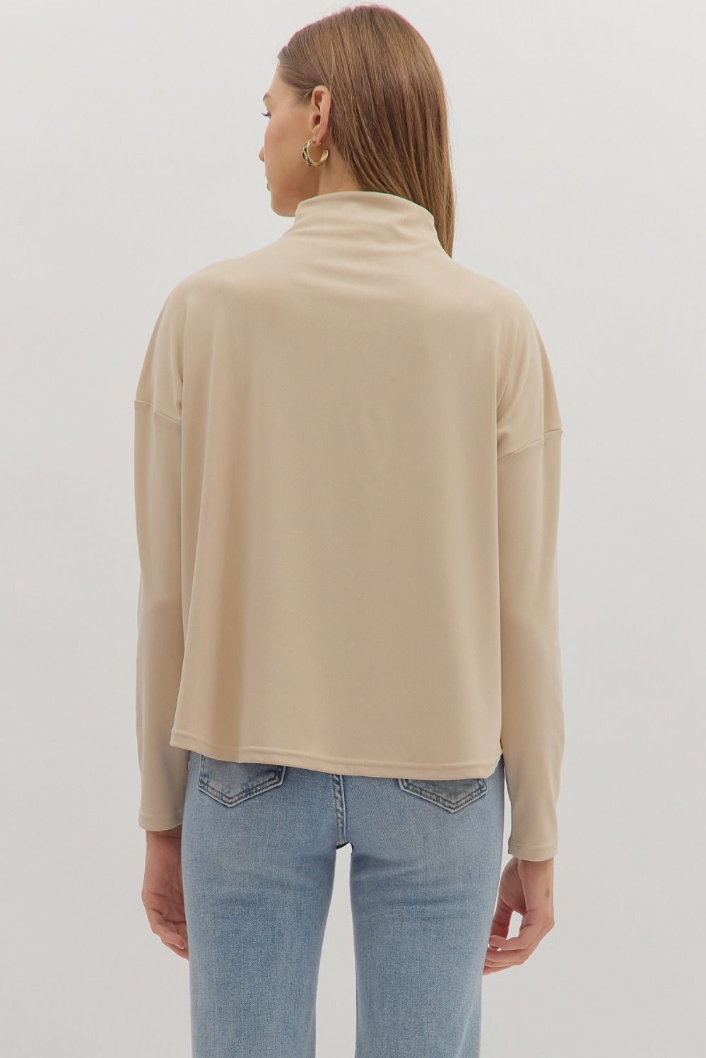 entro solid layering natural beige long sleeve mock neck top back