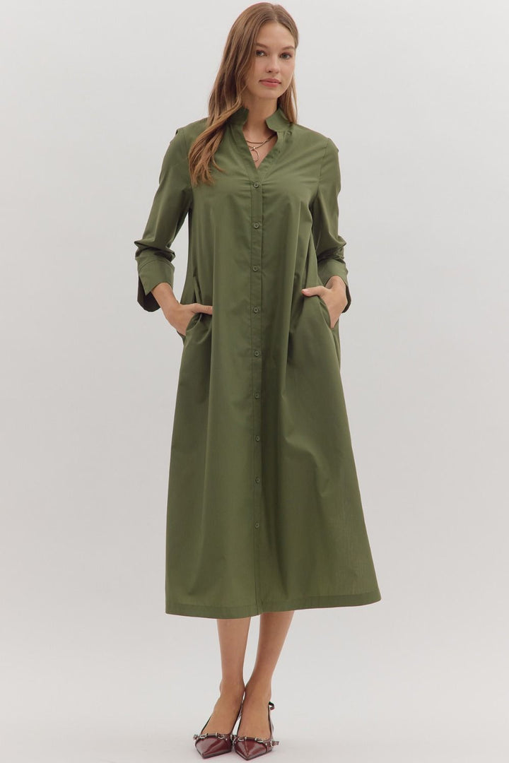 entro solid olive button down midi dress front