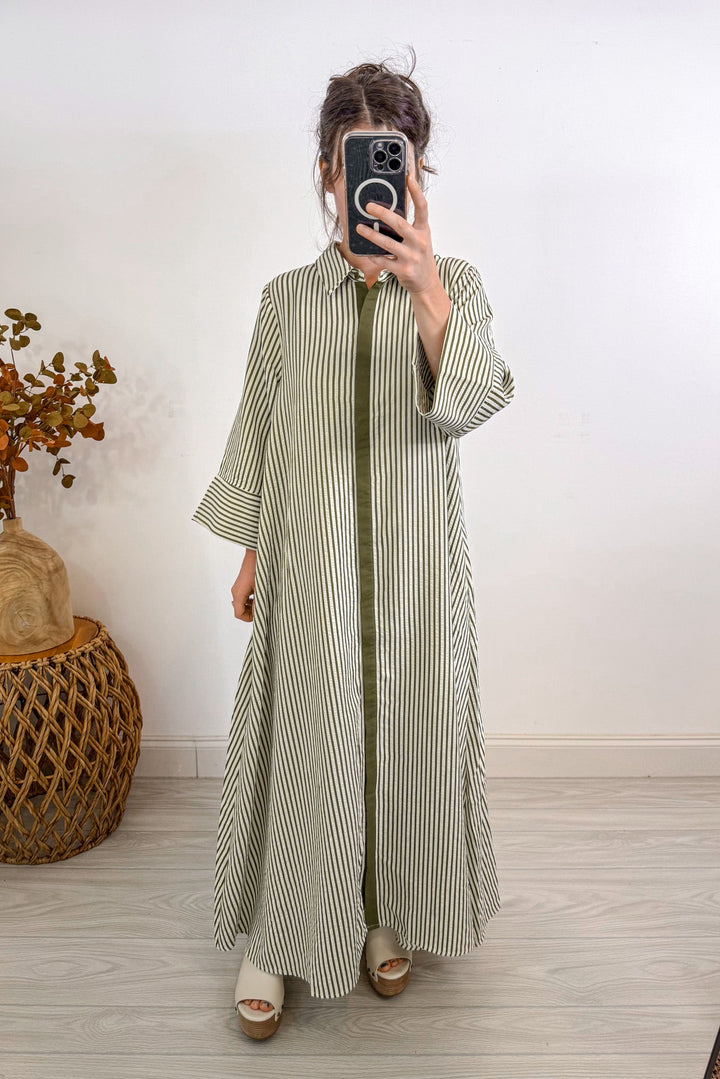 entro striped olive maxi dress standing still