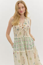 entro tiered ruffle floral midi dress cream