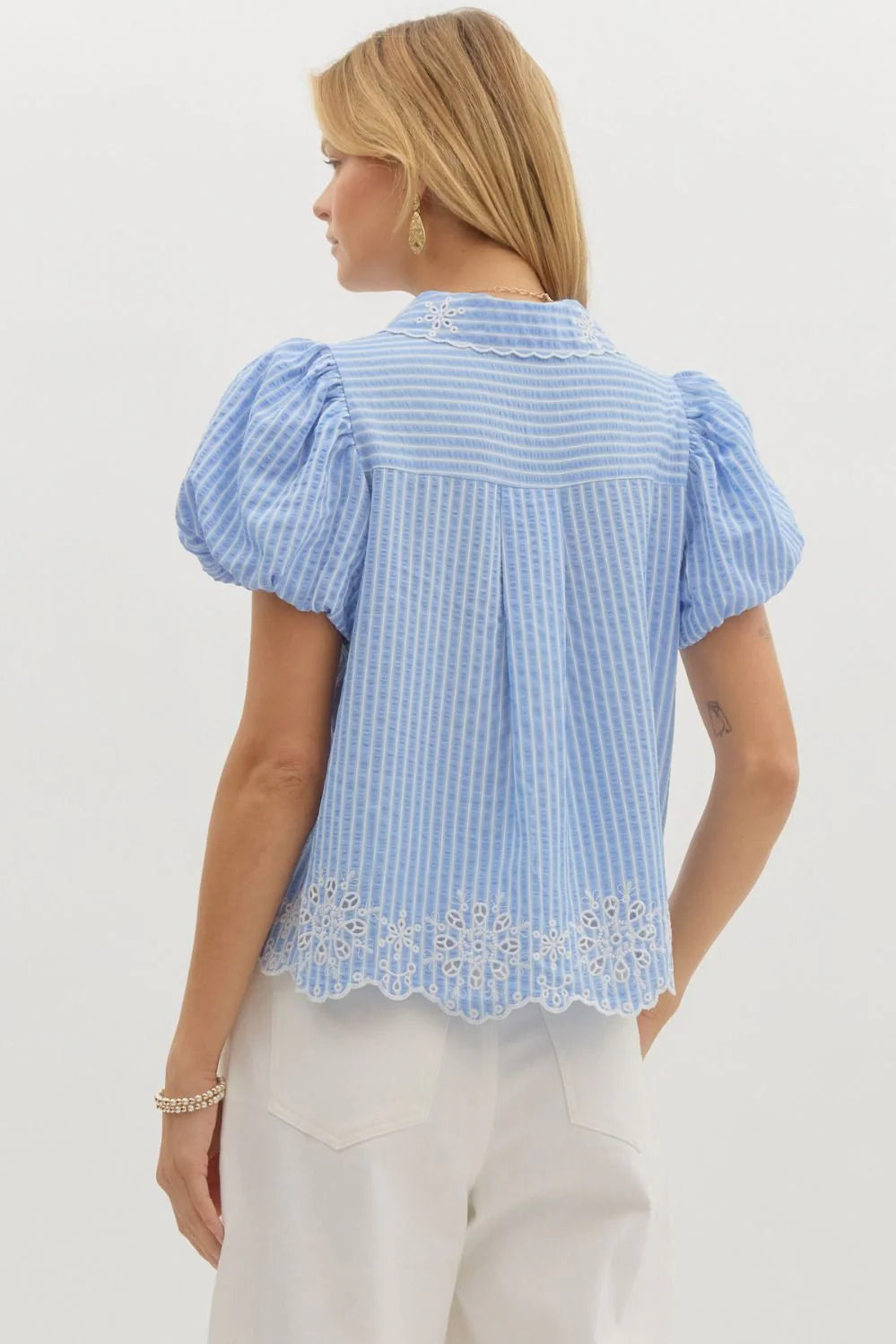 entro blue stripe eyelet top