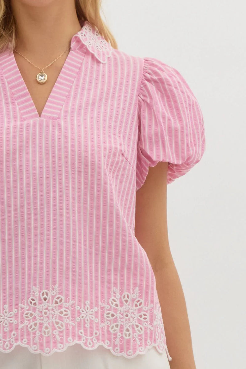 entro pink stripe eyelet top