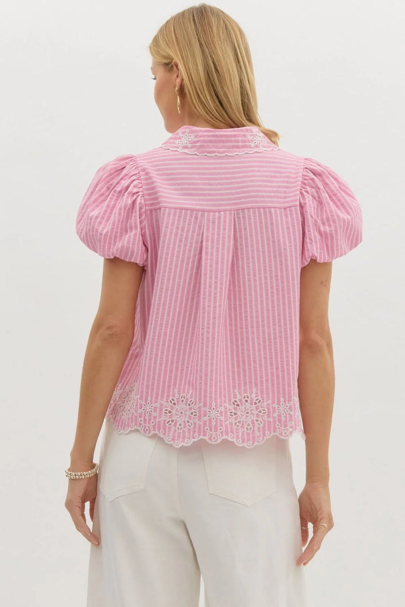 entro pink stripe eyelet top