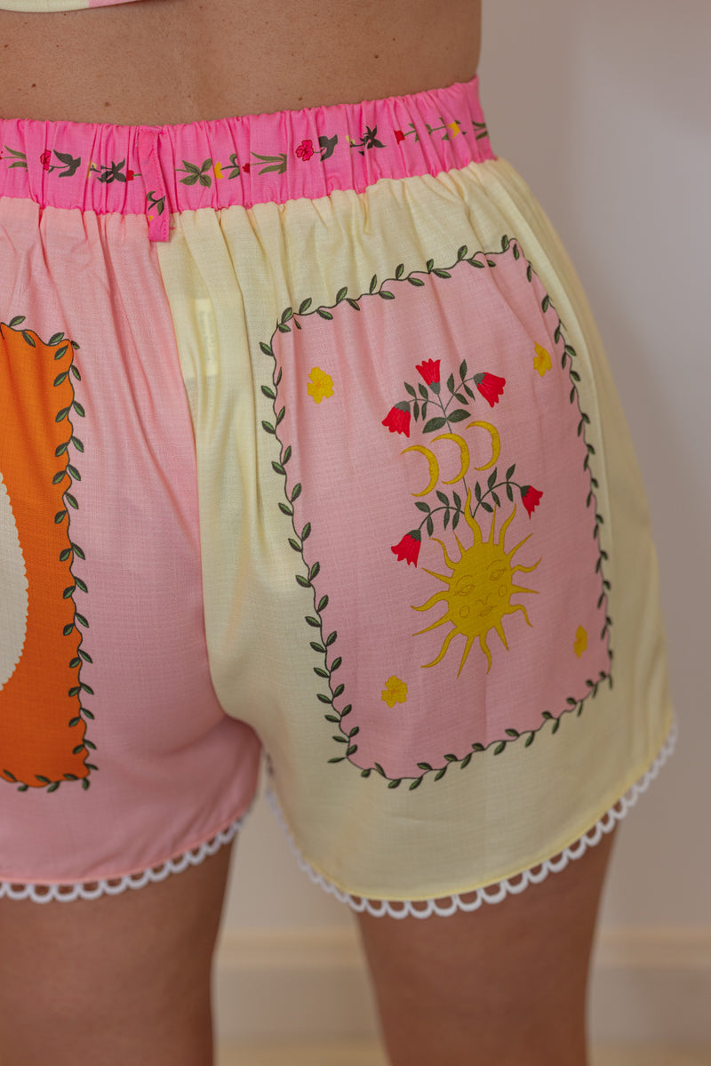 tropical print linen belted shorts
