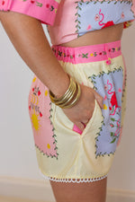 tropical print linen belted shorts