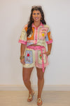 tropical print linen belted shorts