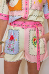 tropical print linen belted shorts