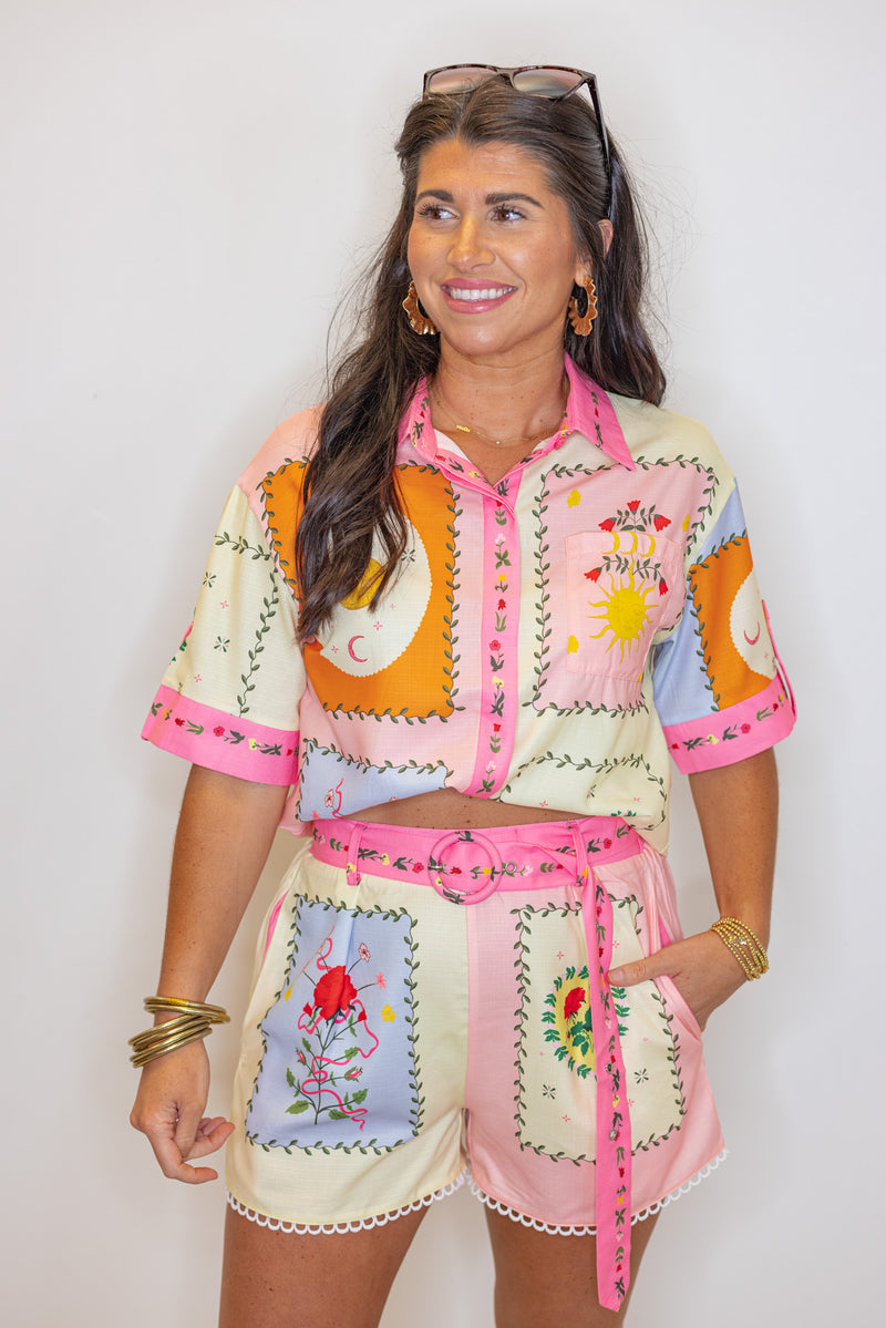 tropical print linen belted shorts