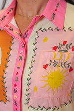 tropical print linen button up top