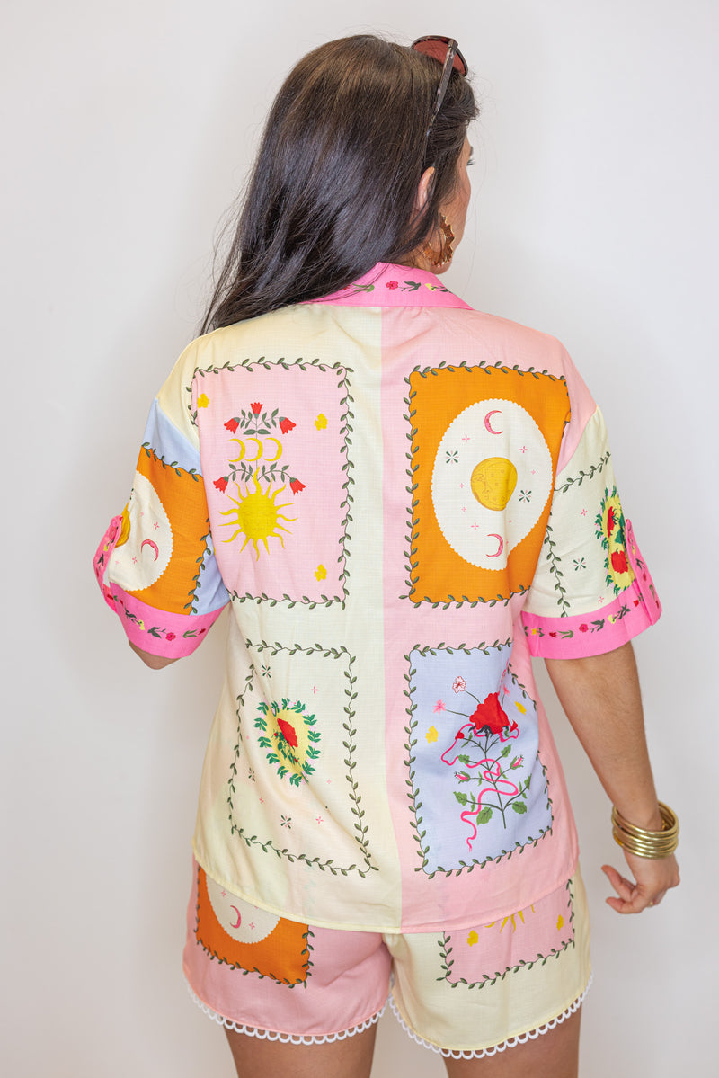 tropical print linen button up top