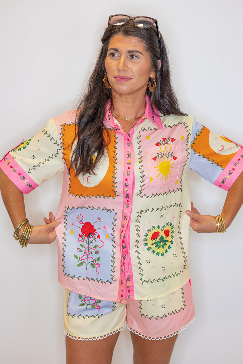 tropical print linen button up top