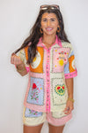 tropical print linen button up top