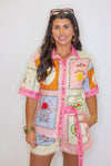 tropical print linen belted shorts