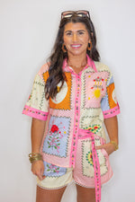 tropical print linen belted shorts