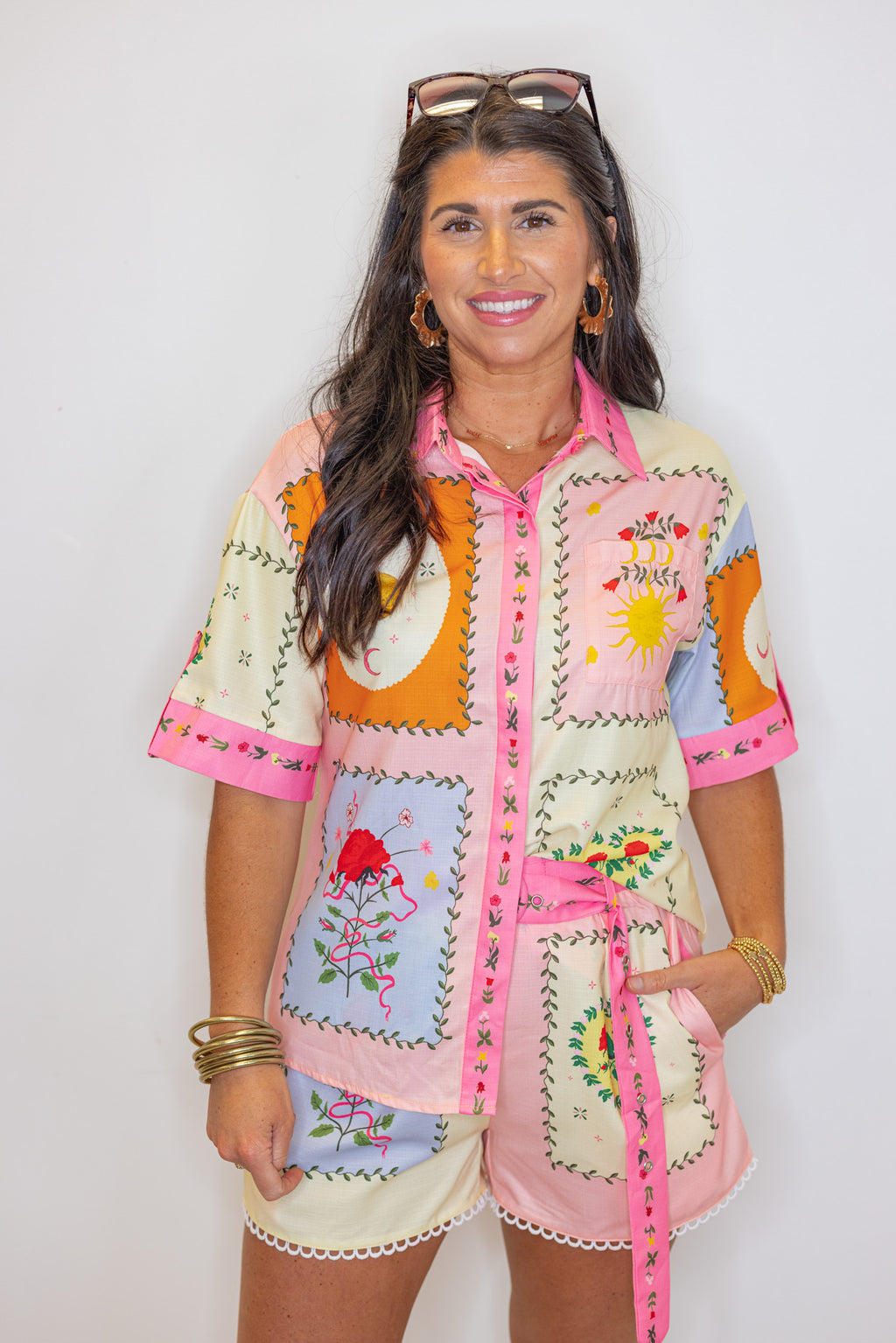 tropical print linen button up top