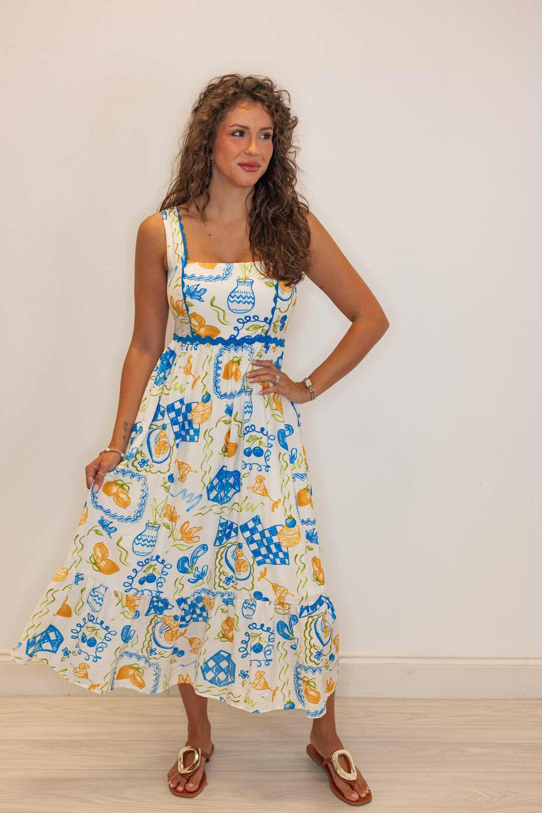 Blue And Cream Picnic Print Midi Dress | Purple Door | Commerce GA Large Blue And Cream Picnic Print Midi Dress | Purple Door | Commerce GA Large