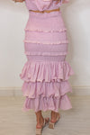 mauve ruffle smocked midi skirt set