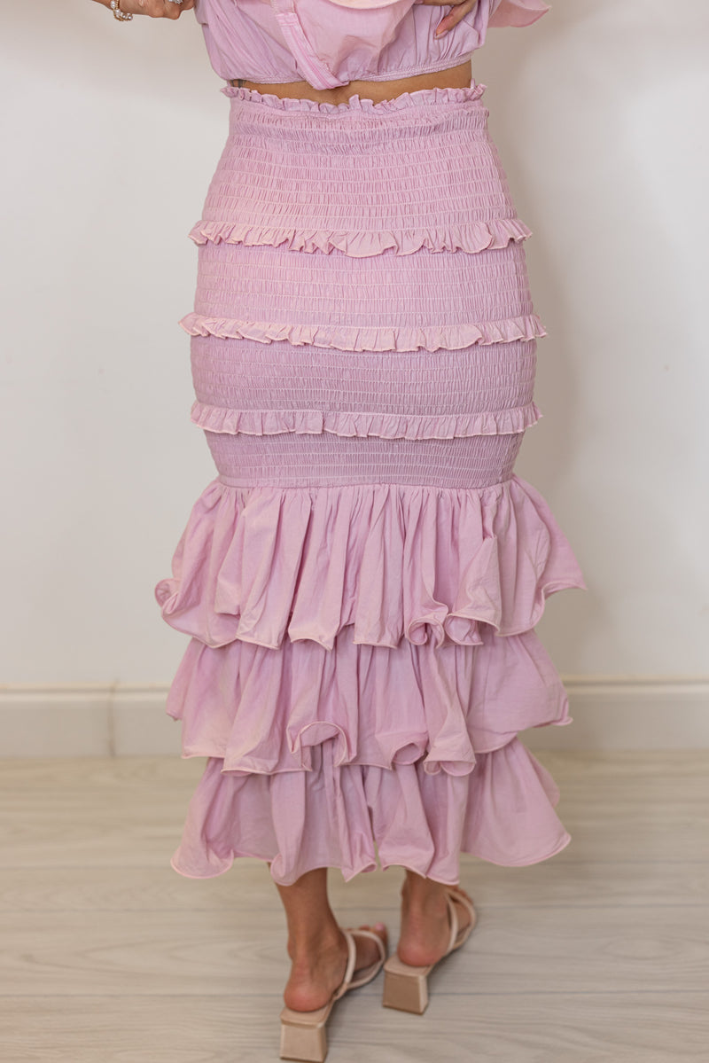 mauve ruffle smocked midi skirt set