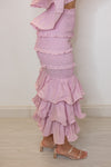 mauve ruffle smocked midi skirt set