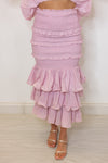 mauve ruffle smocked midi skirt set