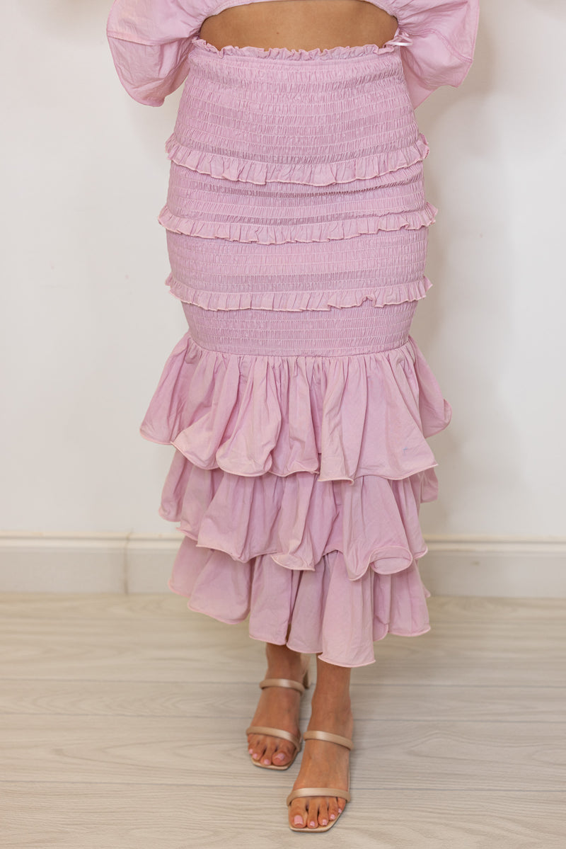 mauve ruffle smocked midi skirt set