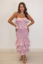 mauve ruffle smocked midi skirt set
