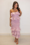 mauve ruffle smocked midi skirt set