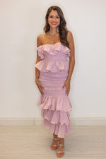 mauve ruffle smocked midi skirt set