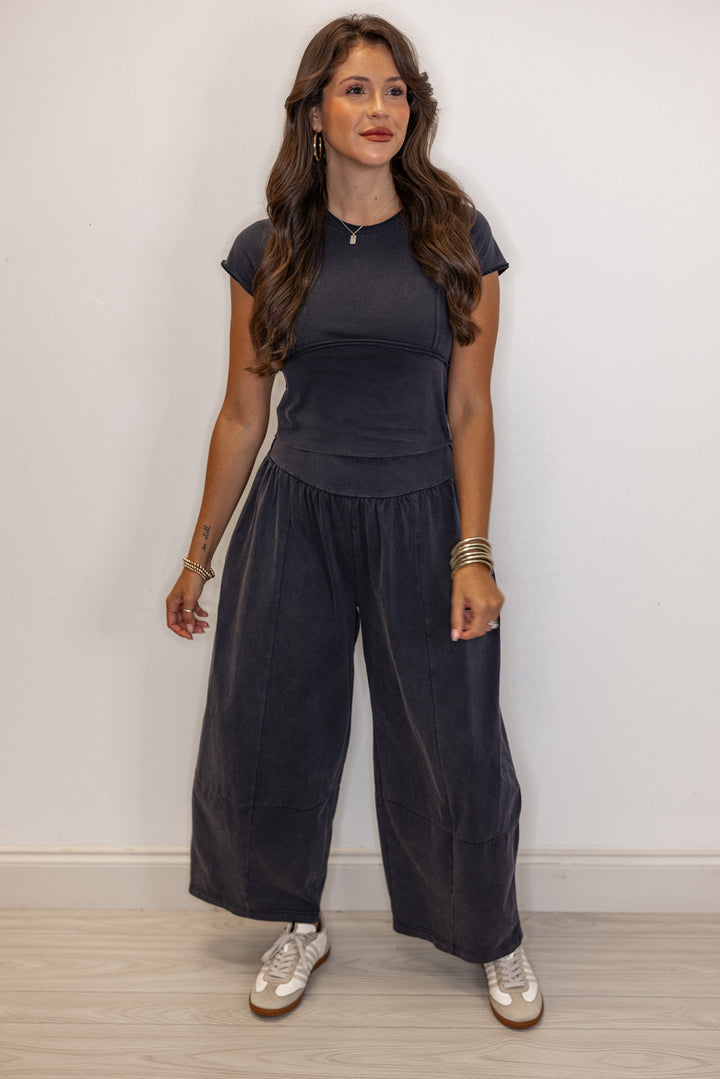 Women's ash black barrell pants and short sleeve top set by ee:some showing full front view
