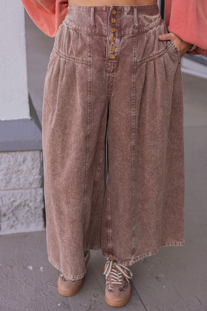 Women's brown washed twill denim exaggerated wide leg pleated pants by Fantastic Fawn showing up close front view