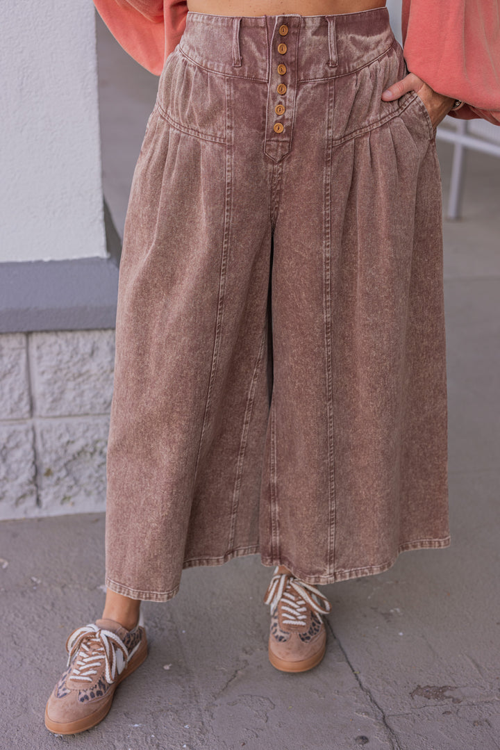 Women's brown washed twill denim exaggerated wide leg pleated pants by Fantastic Fawn
