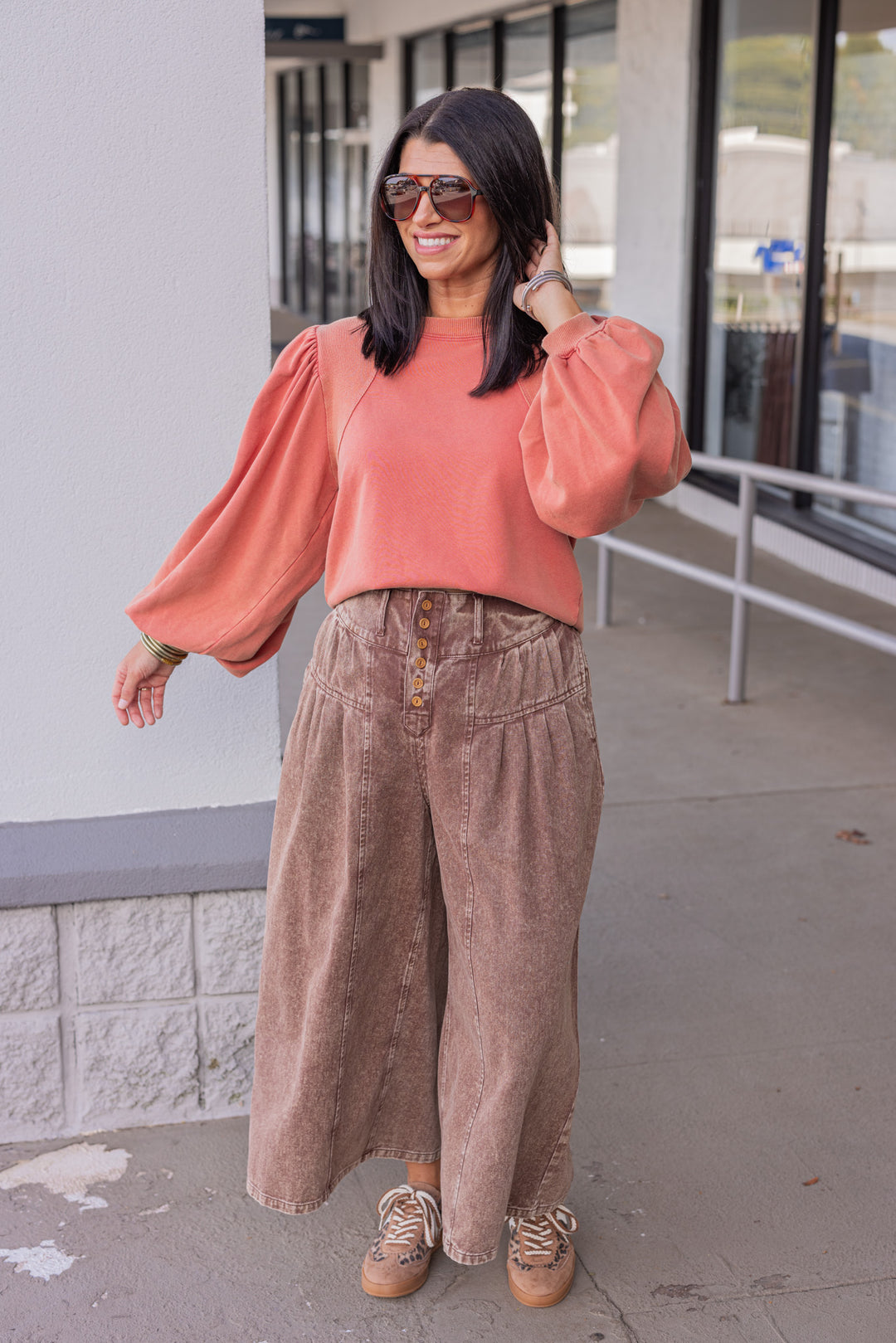 Women's brown washed twill denim exaggerated wide leg pleated pants by Fantastic Fawn, perfect for teachers