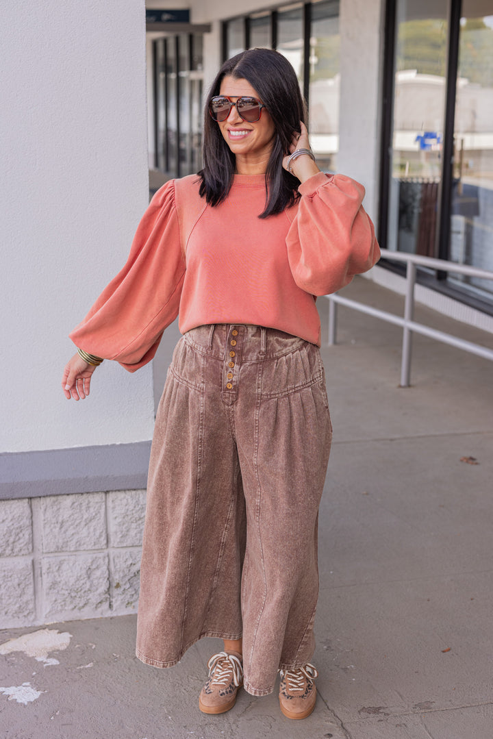 Women's brown washed twill denim exaggerated wide leg pleated pants by Fantastic Fawn, perfect for teachers