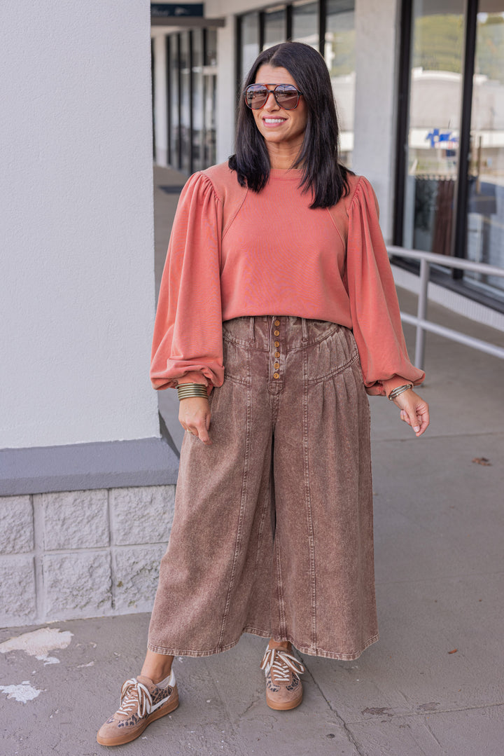Women's brown washed twill denim exaggerated wide leg pleated pants by Fantastic Fawn showing full front view