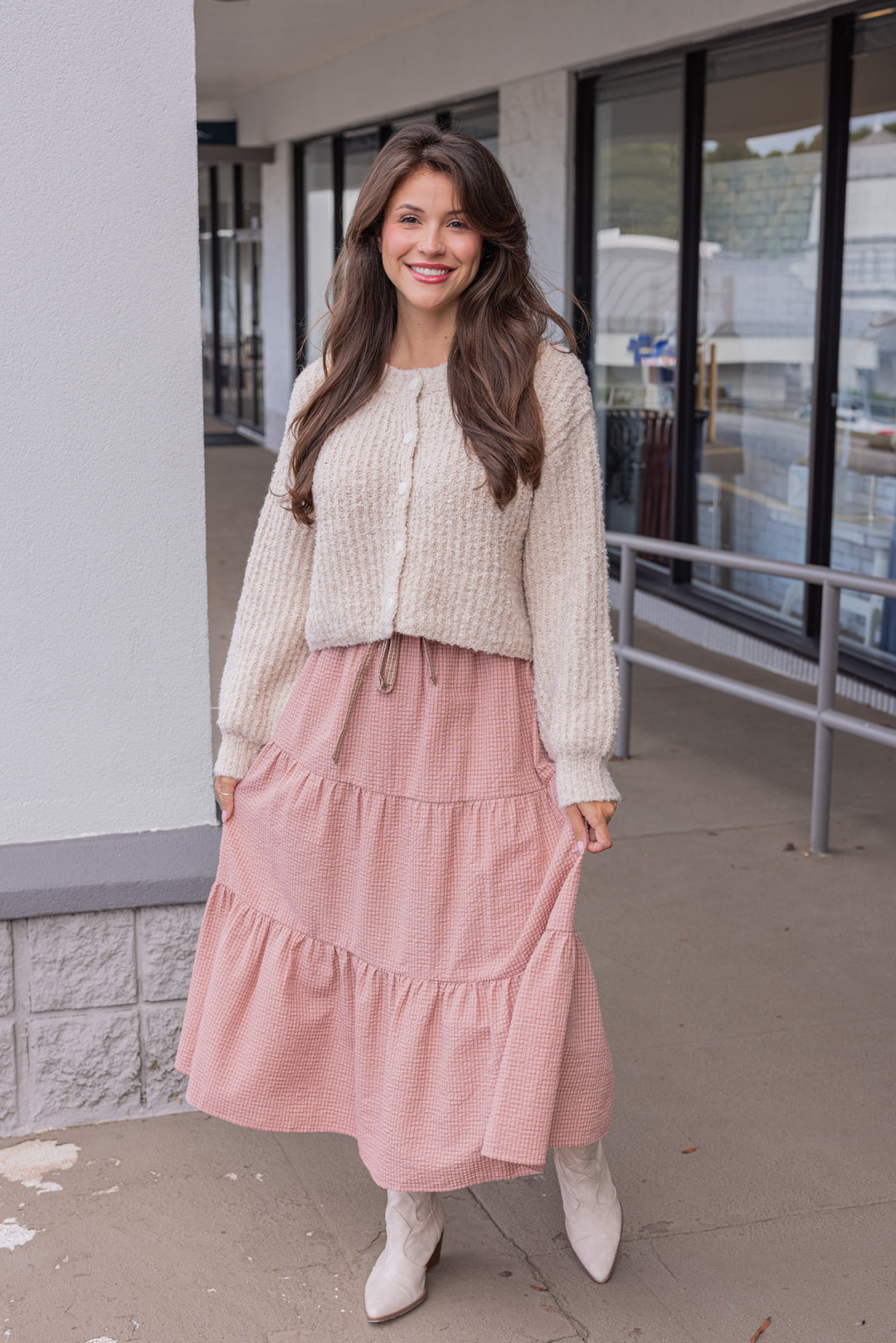 Women's mauve and mocha plaid print tiered midi skirt by Peach Love California