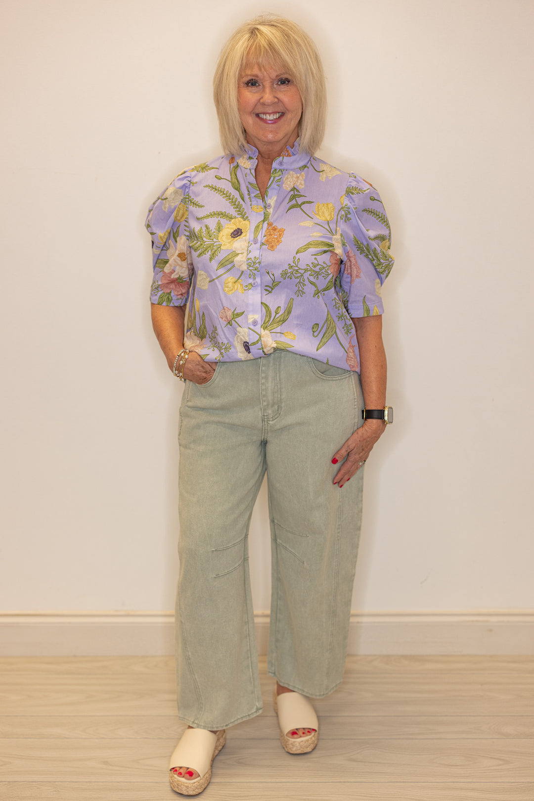 lavender floral linen button up top