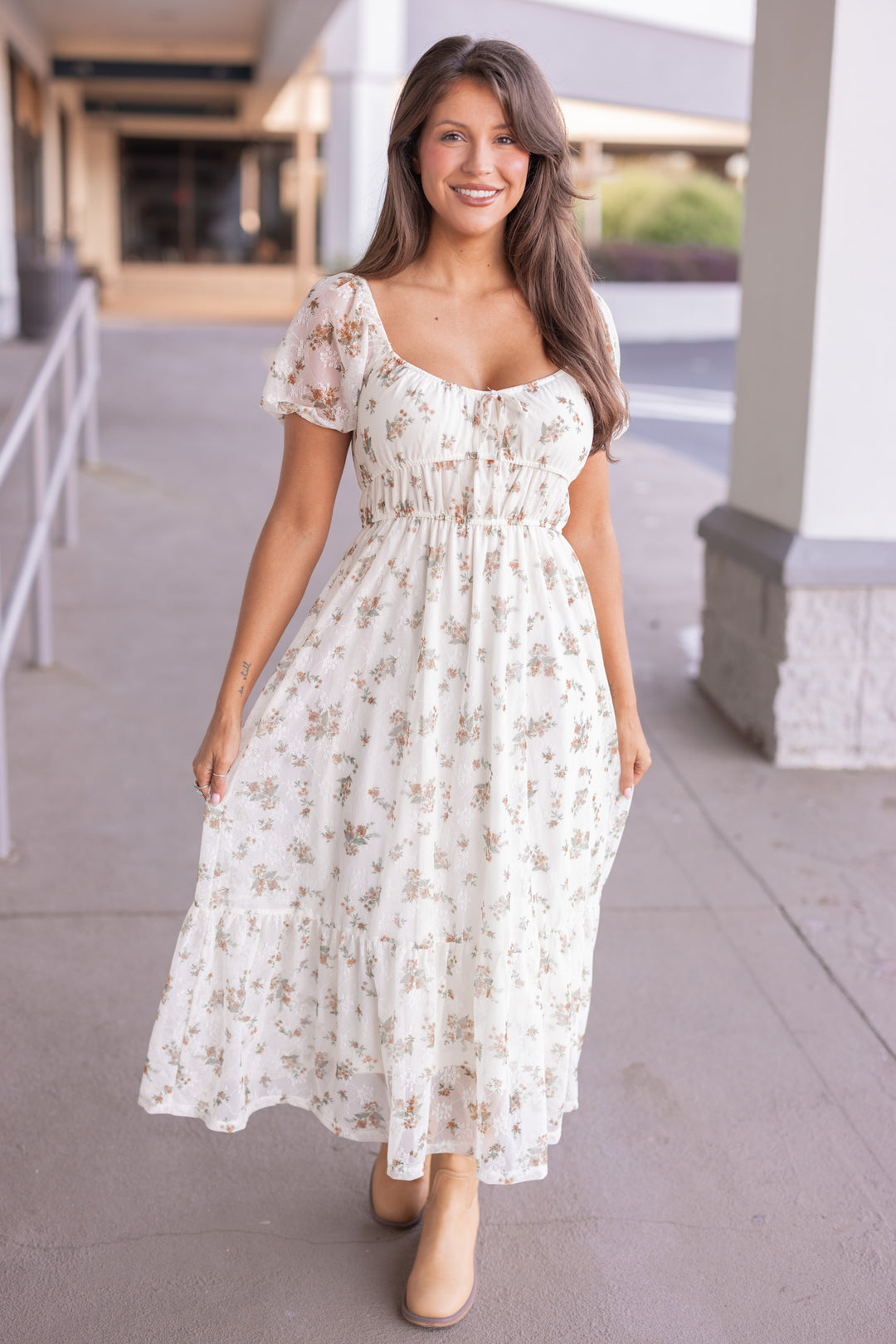 Women's cream midi dress with mustard and olive floral print sheer overlay by Blu Pepper, perfect for church