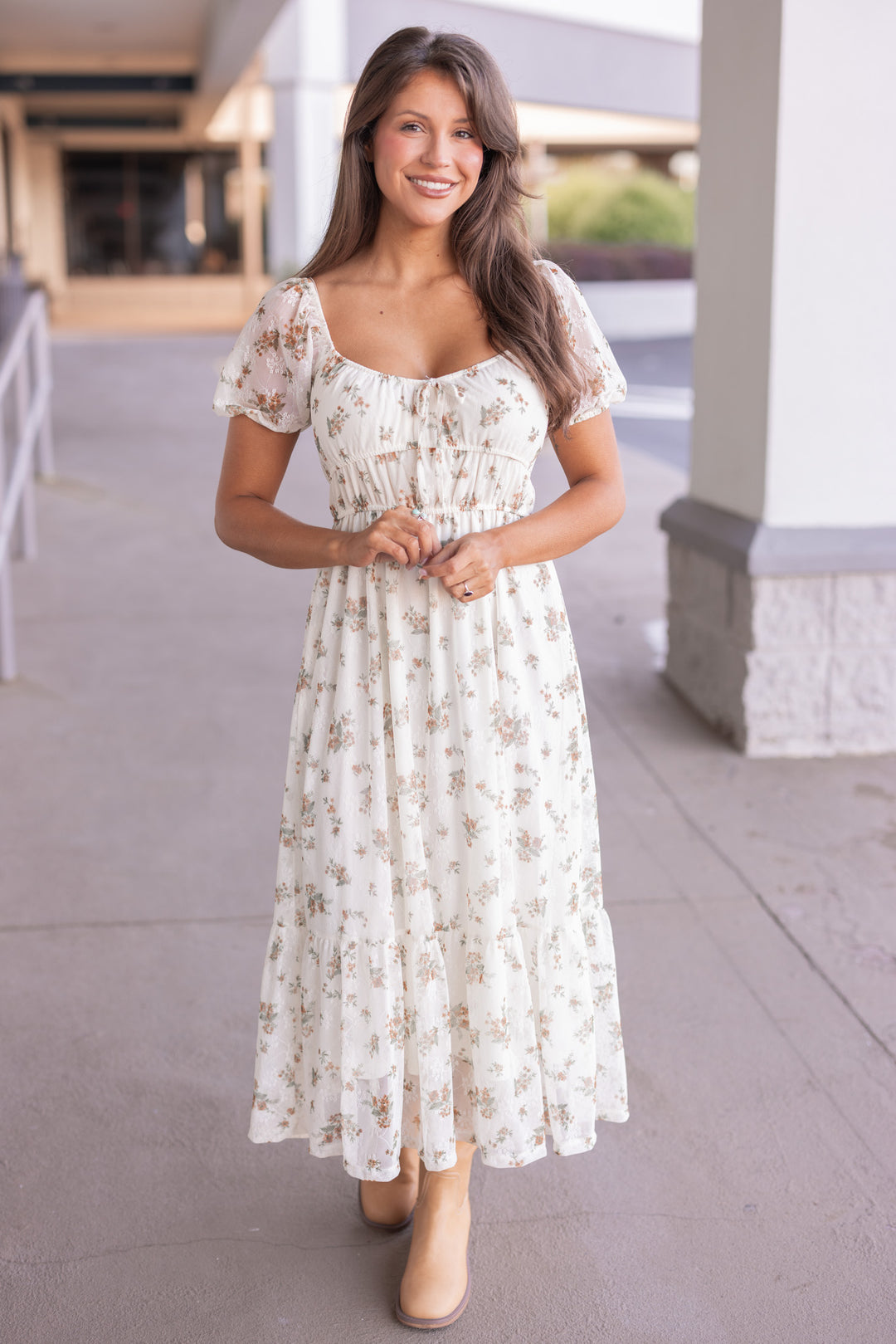 Women's Cream Midi Dress With Mustard And Olive Floral Print – Purple Door Boutique